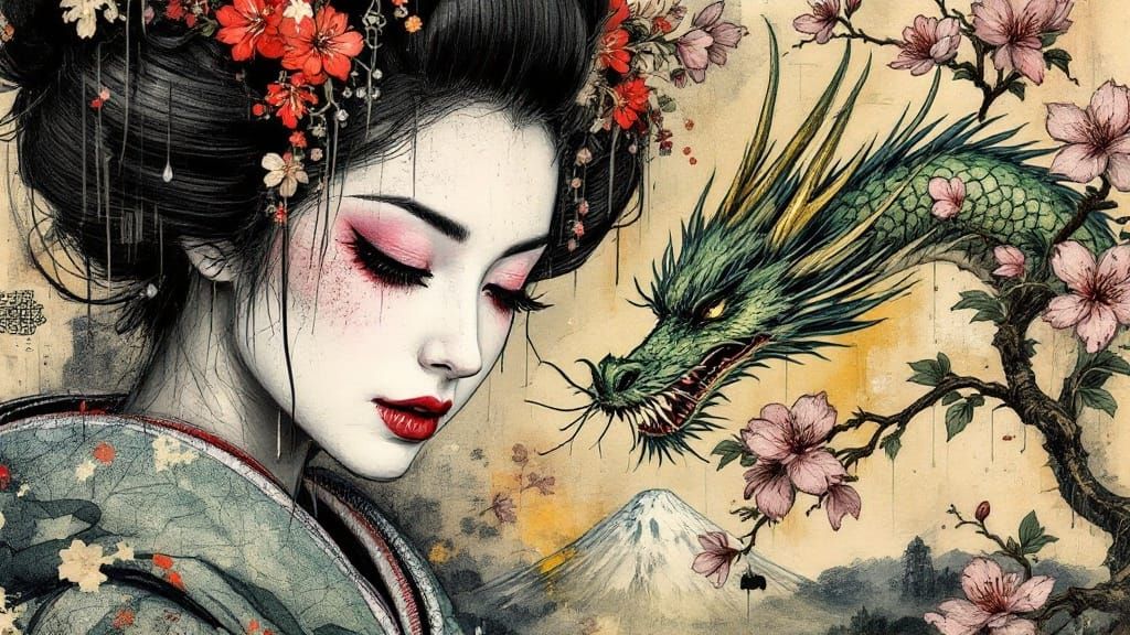 Surreal Geisha Portraits with Green Dragon in Mixed Media Co...