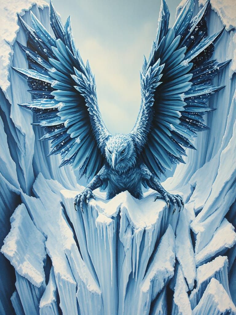 Frozen Griffin Emerges From Snowy Mural Cliff