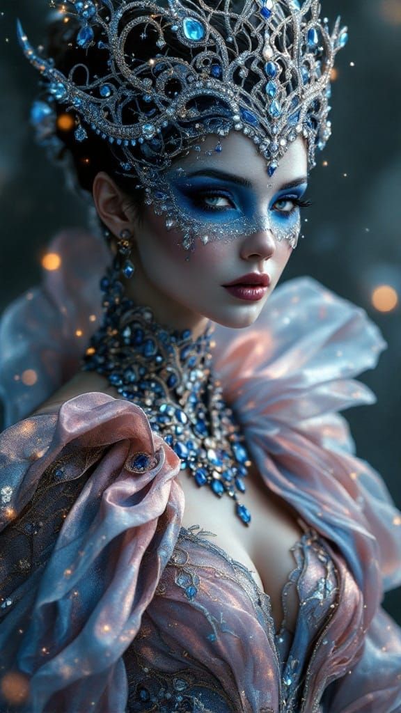 Regal Cosmic Enchantress with Celestial Mask and Starry Atti...