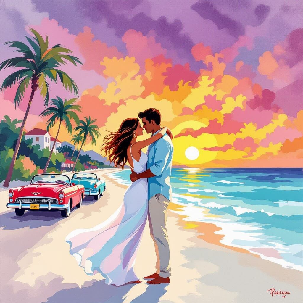 Romantic Couple Embracing on Caribbean Beach at Sunset