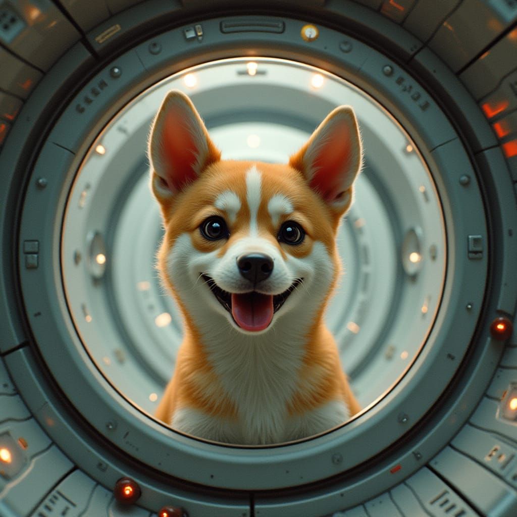 Futuristic Canine Encounter in a High-Tech Spacecraft