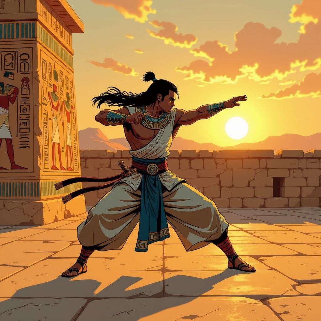 Egyptian Warrior Performing Kata on Temple Rooftop