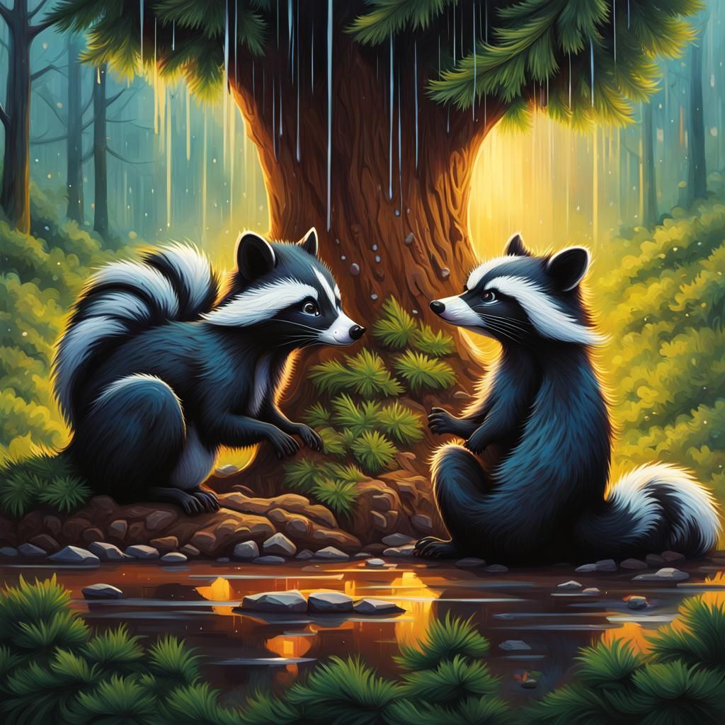 Skunk and Raccoon in Rainy Graffiti Art