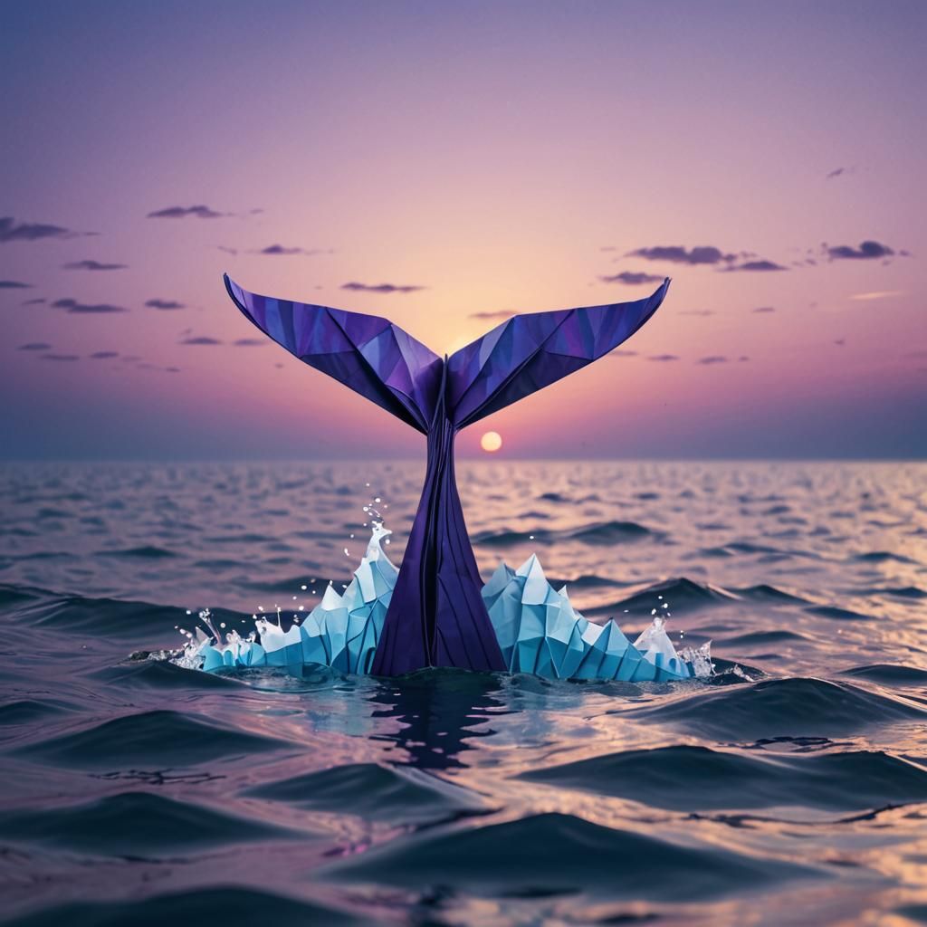 Whale Tail Sunset in Origami Papercraft Style