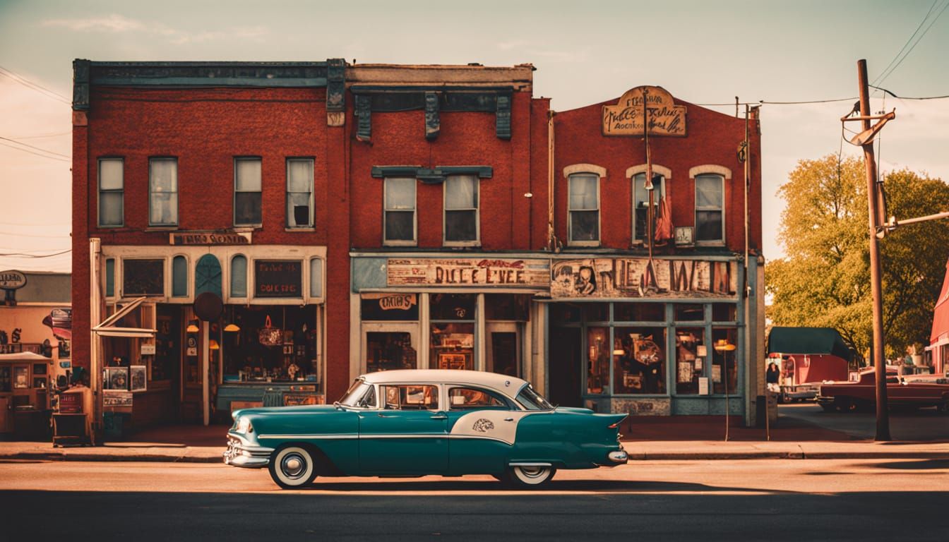 Nostalgic 1950s Main Street Americana in Warm Golden Light