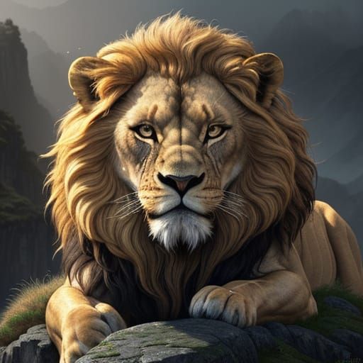 Majestic Golden Maned Lion on Rocky Crag