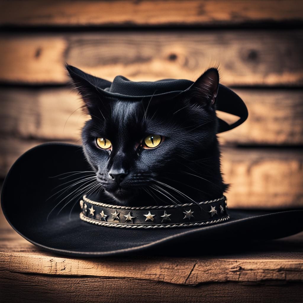 Black Cat Cowboy on Halloween Hat: Macro Photograph