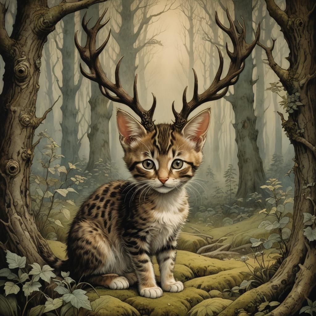 Antlered Kitten in Enchanted Woods, Fairy Tale Illustration