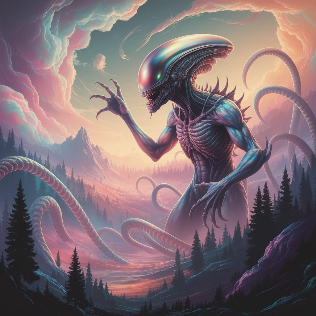 Colossal Alien Monster in Impressionistic Surreal Landscape