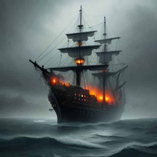 Ghost Ship Amidst Lightning Storm, Hyperrealistic Art