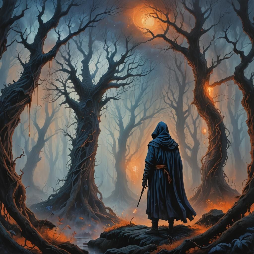 Hooded Figure in Mystical Forest: Dark Fantasy Oil Painting