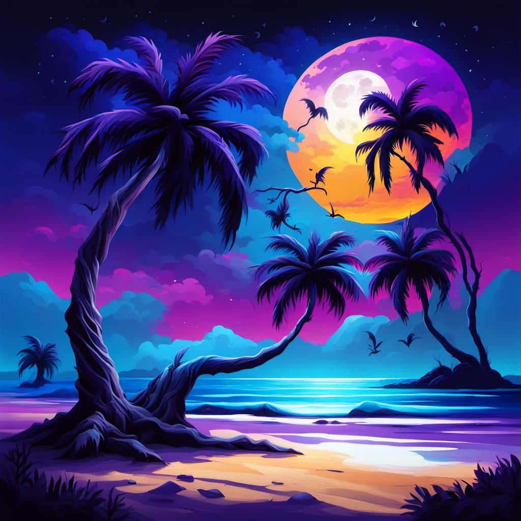 Eerie Palm Trees on Mystical Beach, Oil Painting