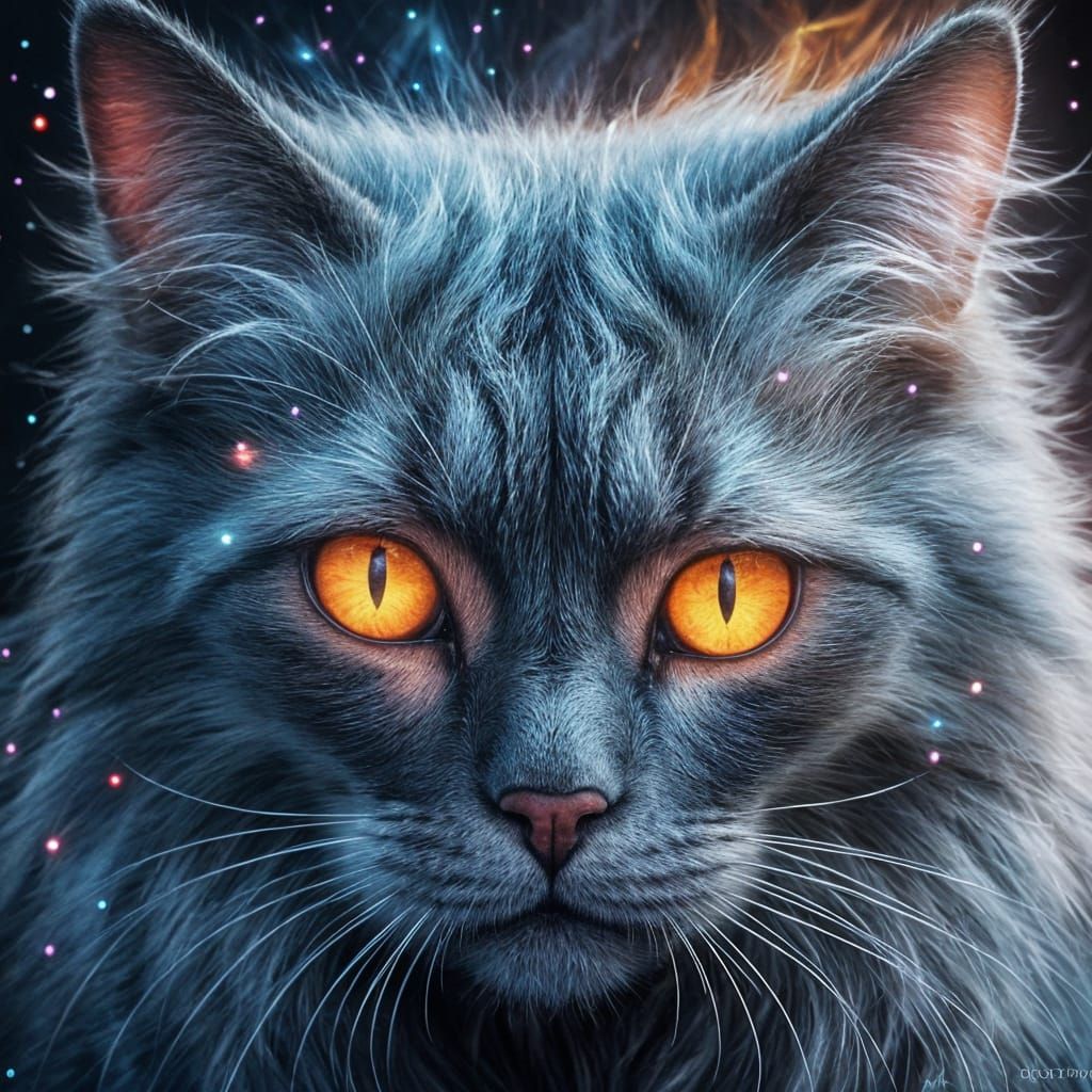 Otherworldly Cat with Glowing Eyes and Arcane Symbols