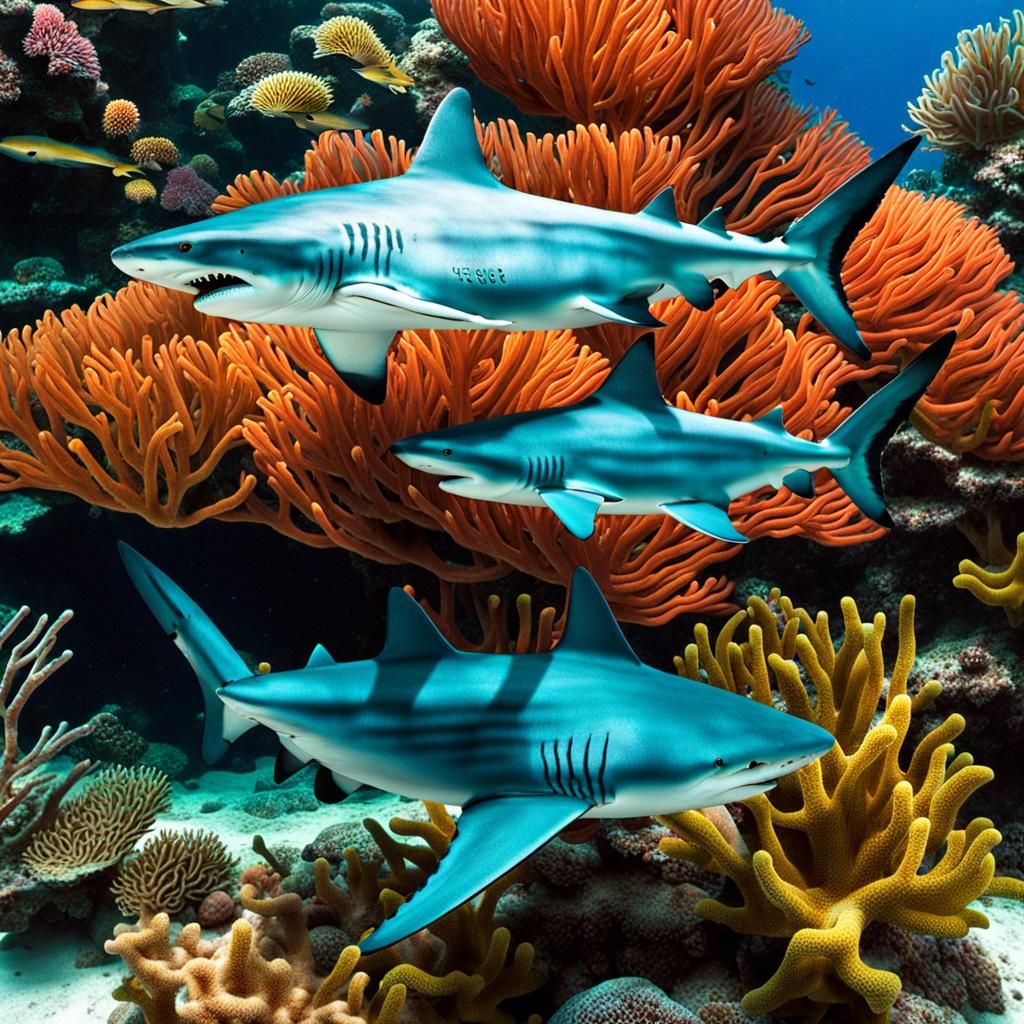 Tiger Sharks Feeding in Coral Reef