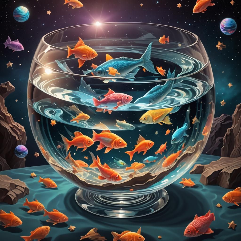 Fish Bowl in Space: Escher-Inspired Digital Art
