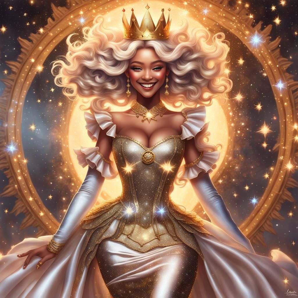 Radiant Sun Goddess with Golden Crown and Stary Dress