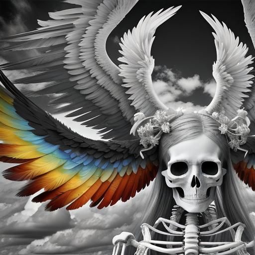 Winged Skeleton Angel in Clouds: Infrared Photography