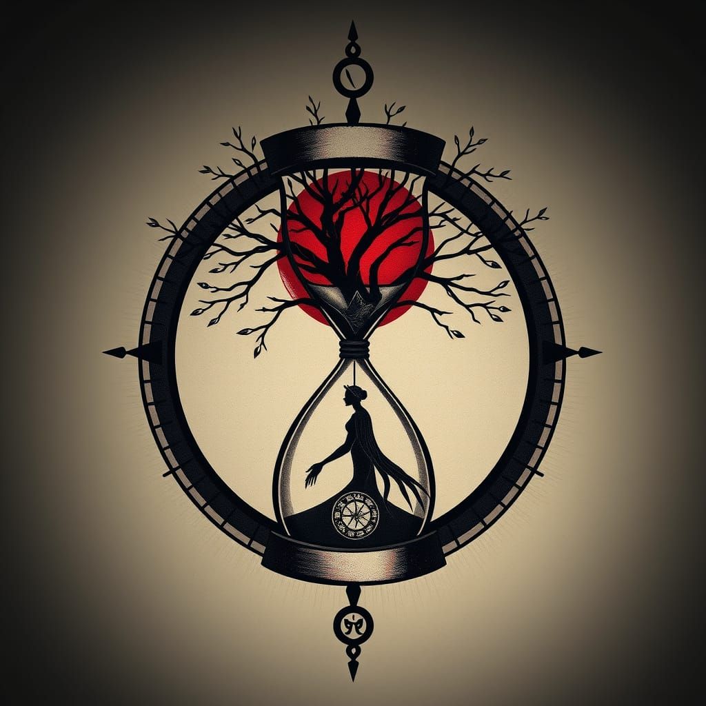 Compass Hourglass Tree Goddess Tattoo Design