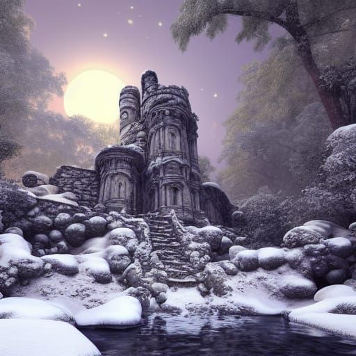 Mystical Forest Ruins in Snow at Night