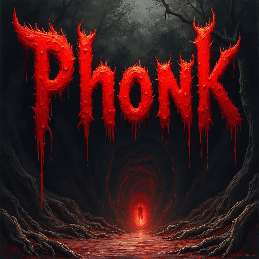 Dark Gothic Words Spelling Out Phonk and Horror in Red Paint