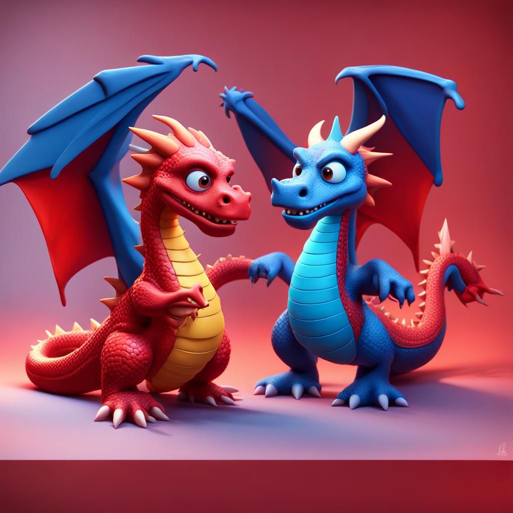 Red Dragon and Blue Dragon in 3D Style