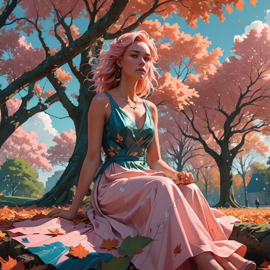 Girl in Park with Falling Leaves: Fantasy Concept Art