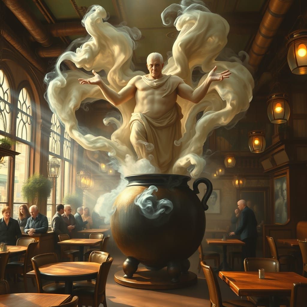 Ethereal Steam Figure Rises From Coffee Pot in Oil Painting ...
