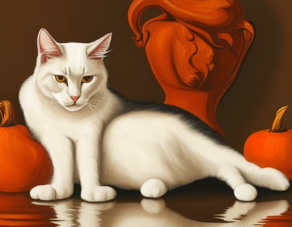 Cat Gazing at Reflection in Baroque Style