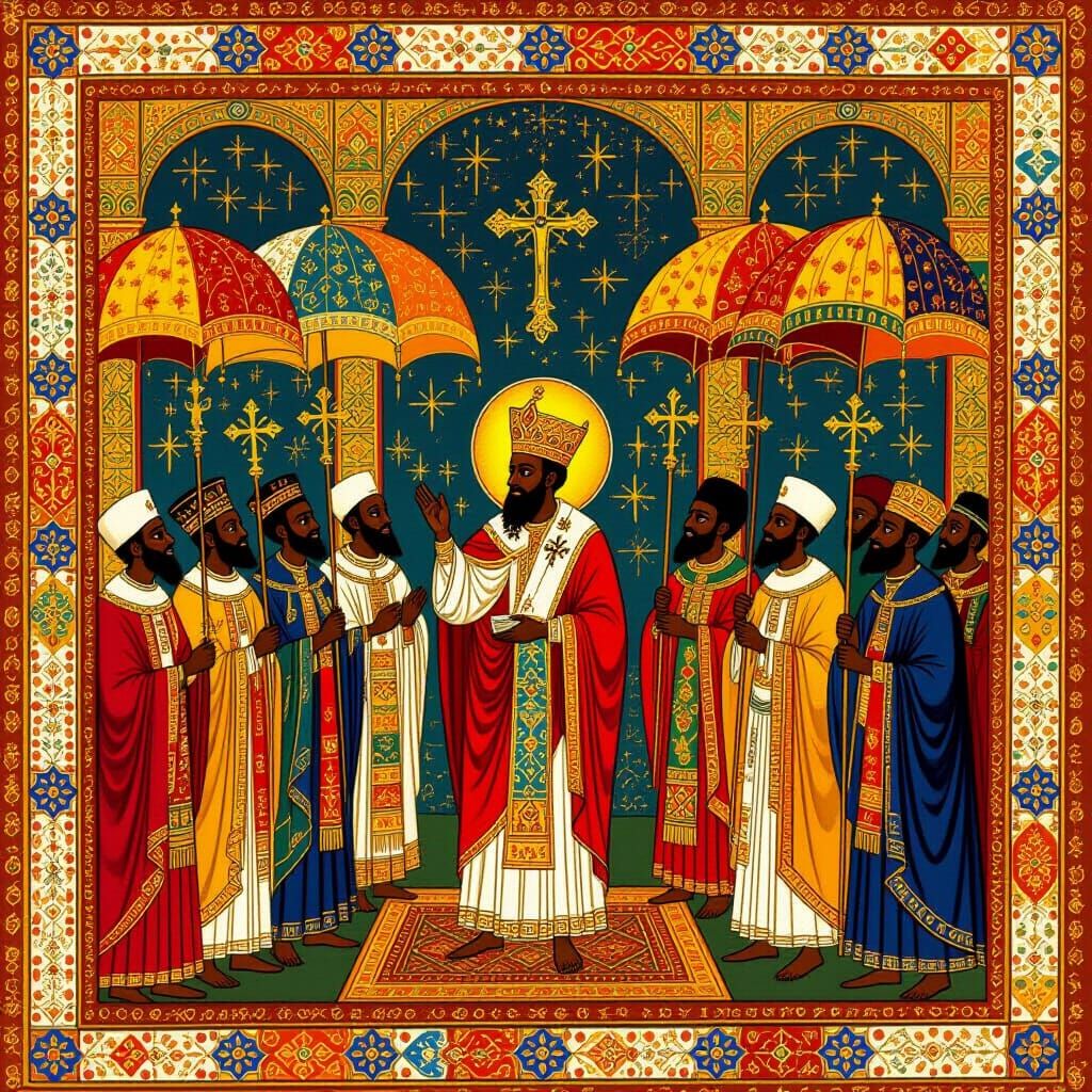 Ethiopian Icon of St. Yared Chanting for Emperor Gabra Masqa...