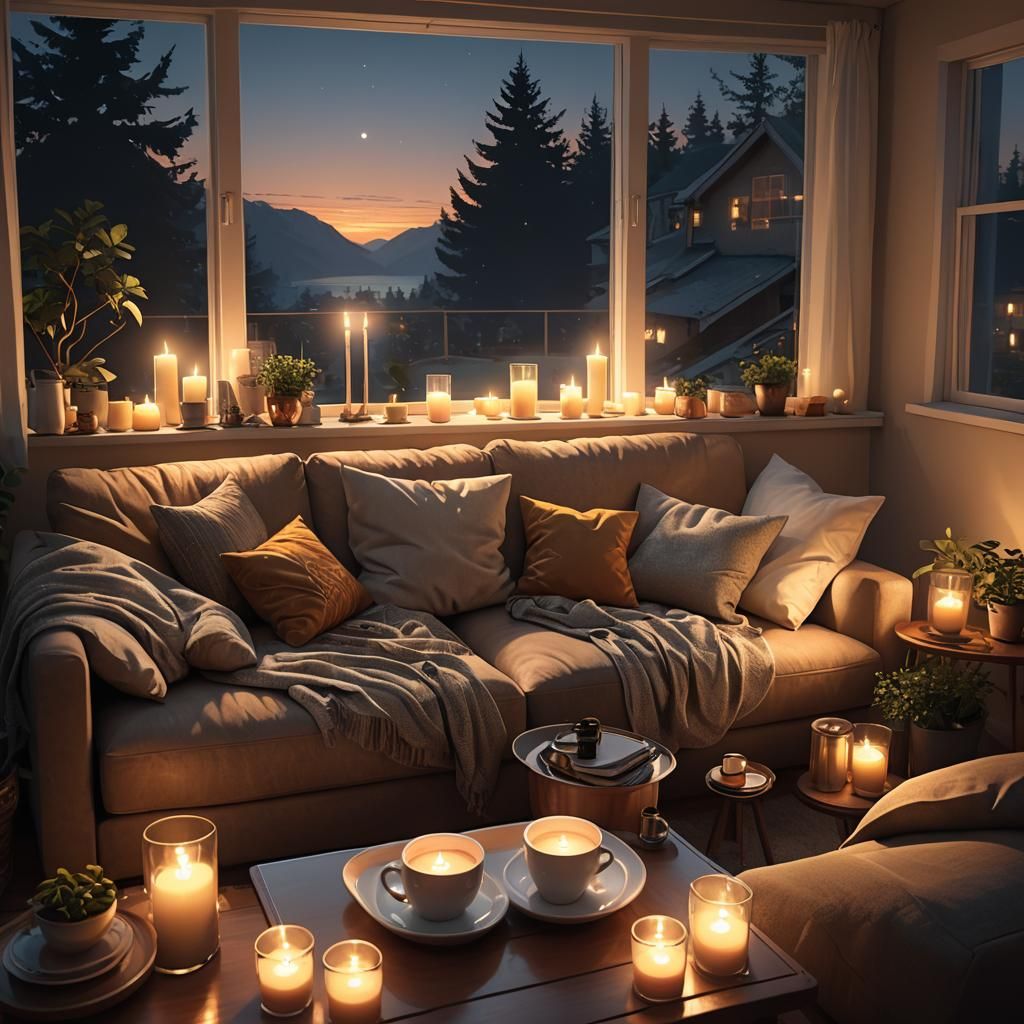 Cozy Living Room at Night with Golden Candlelight