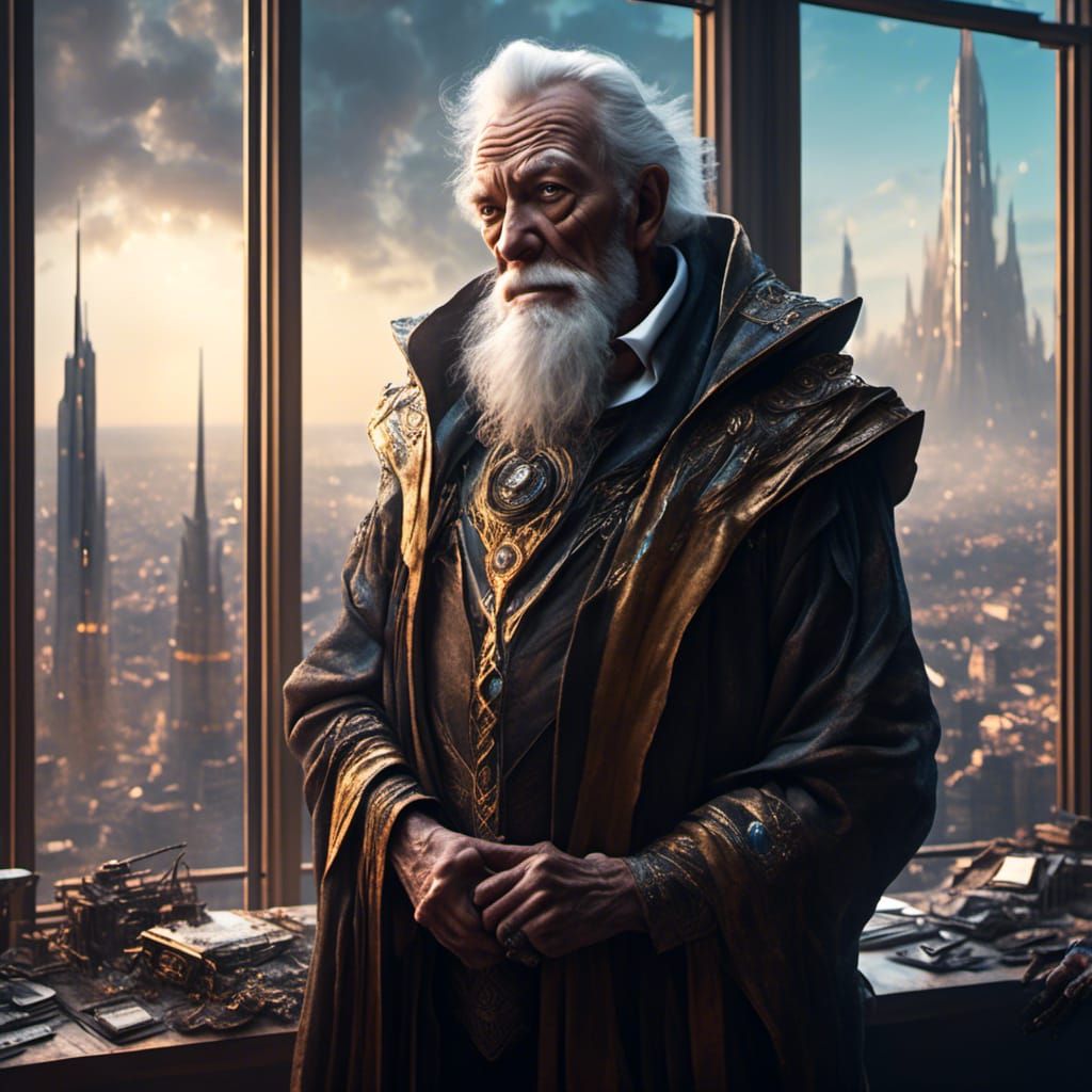 Sci-Fi Noble Old Man Overlooking Cityscape