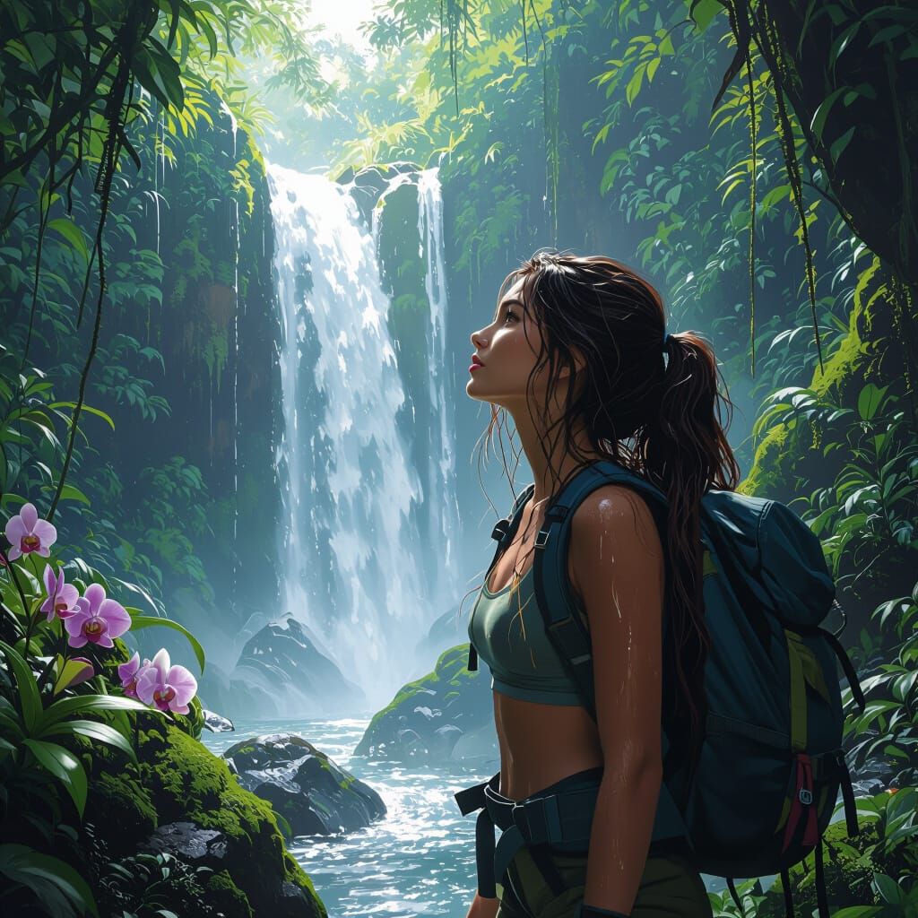 Brunette Explorer Discovers Jungle Waterfall