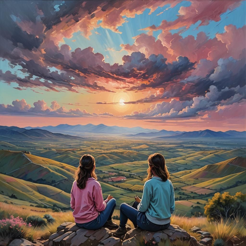 Impressionistic Sunset Landscape with Girl