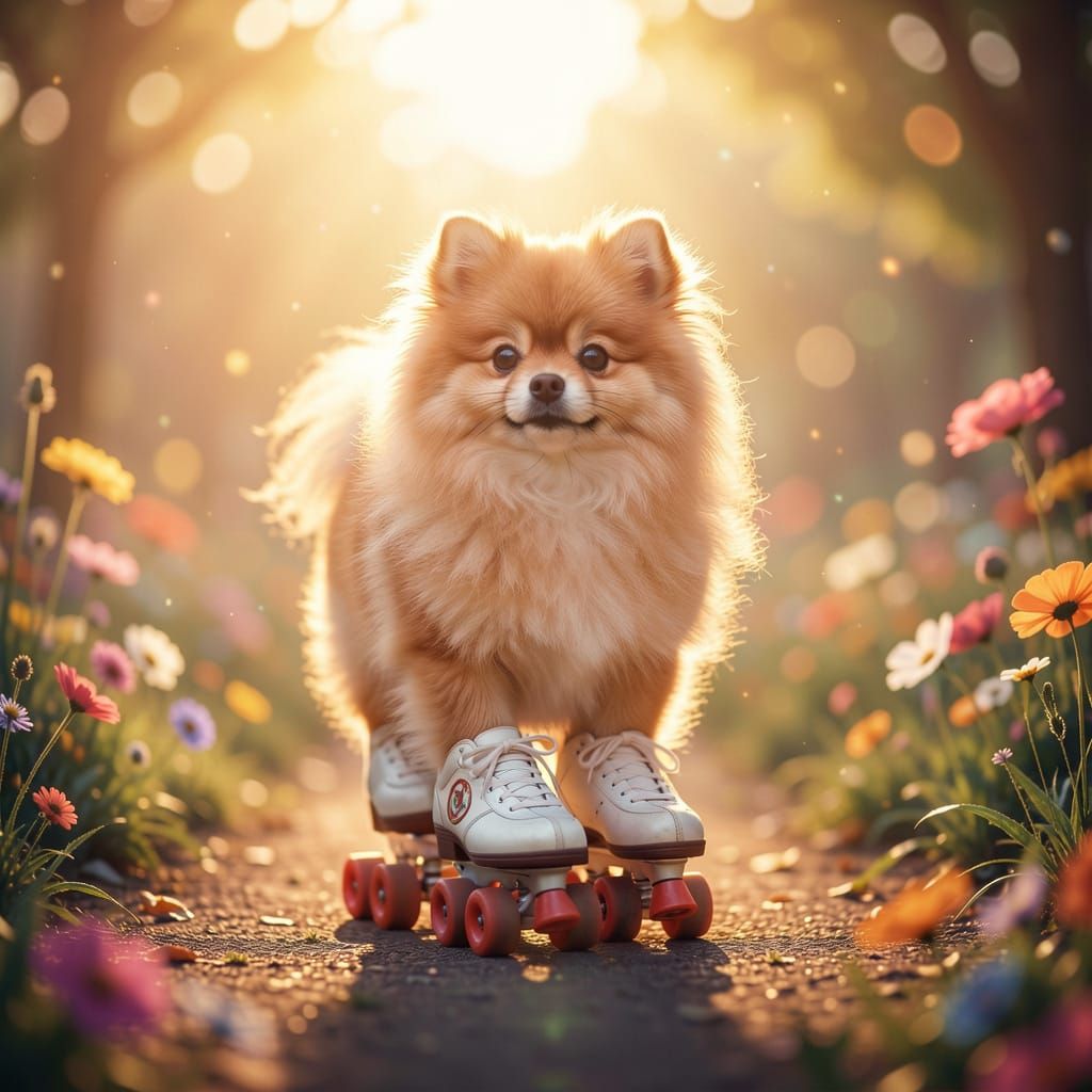 Cute Pomeranian Dog on Roller Skates in Golden Hour