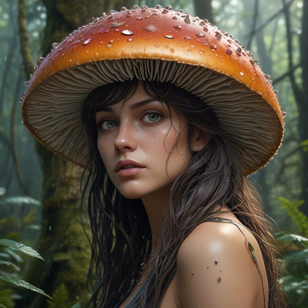 Mystical Forest Dweller Amidst Iridescent Mushrooms