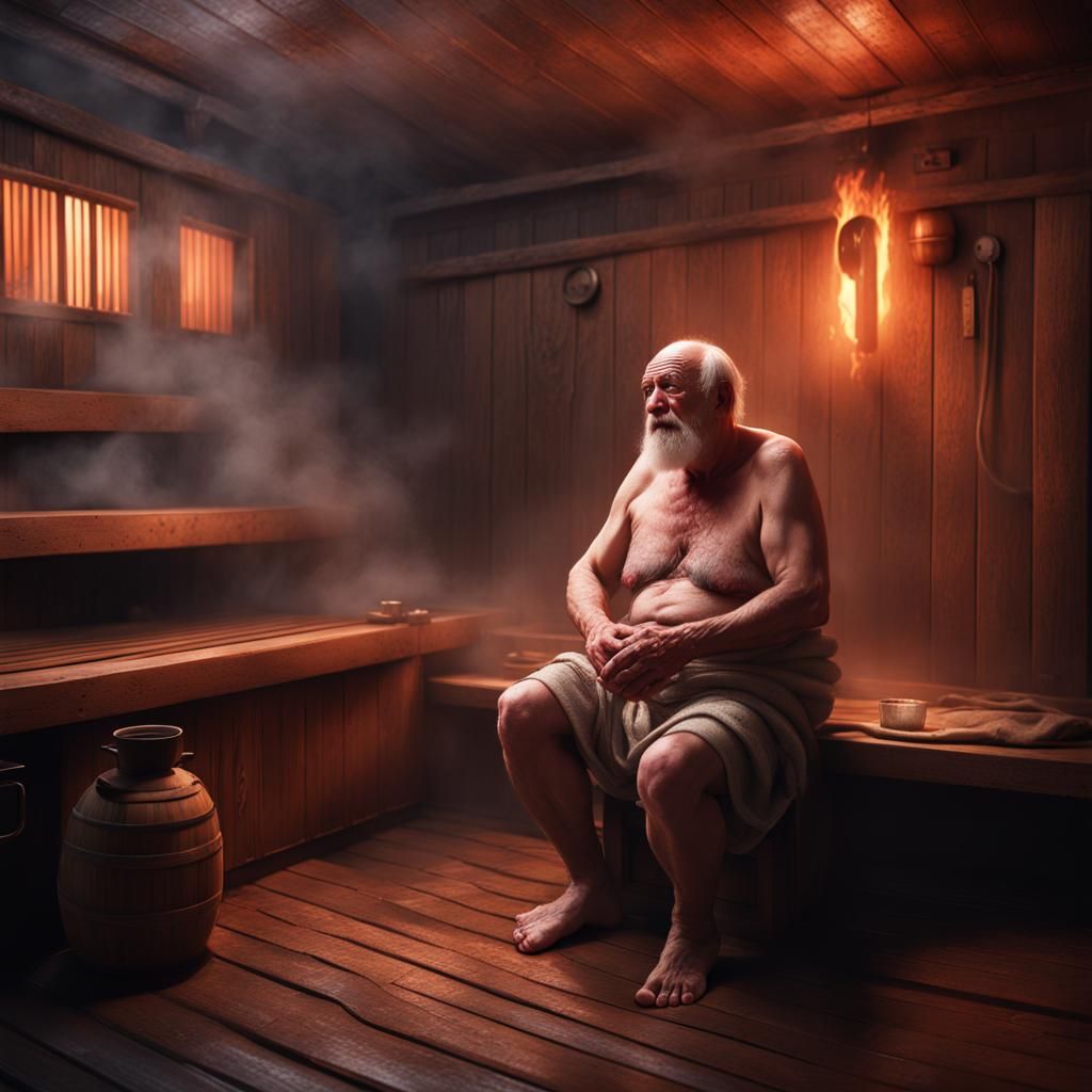 Sweaty Old Man in Sauna: Detailed Matte Painting