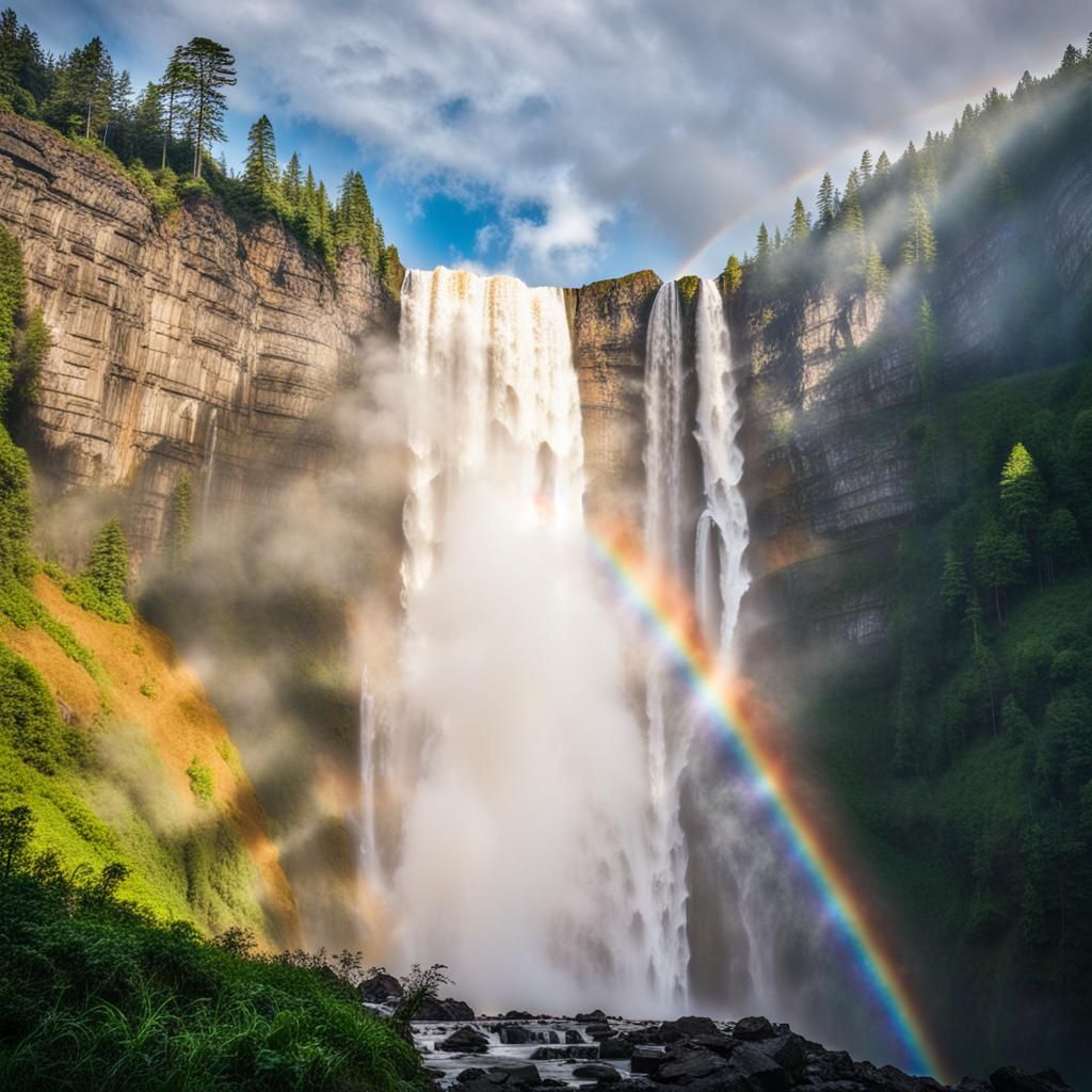 Afternoon Waterfall with Rainbow Mist