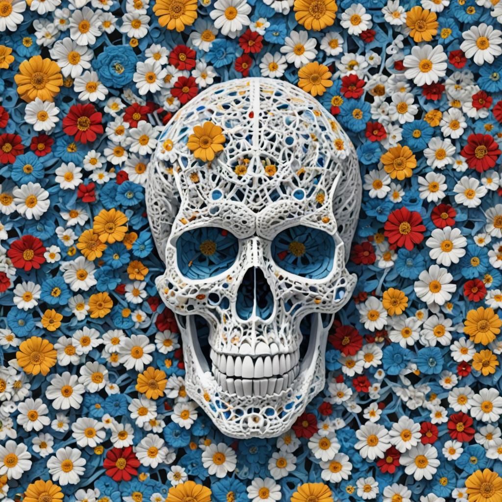 Crocheted Skull with Flowers in Pop Art Style