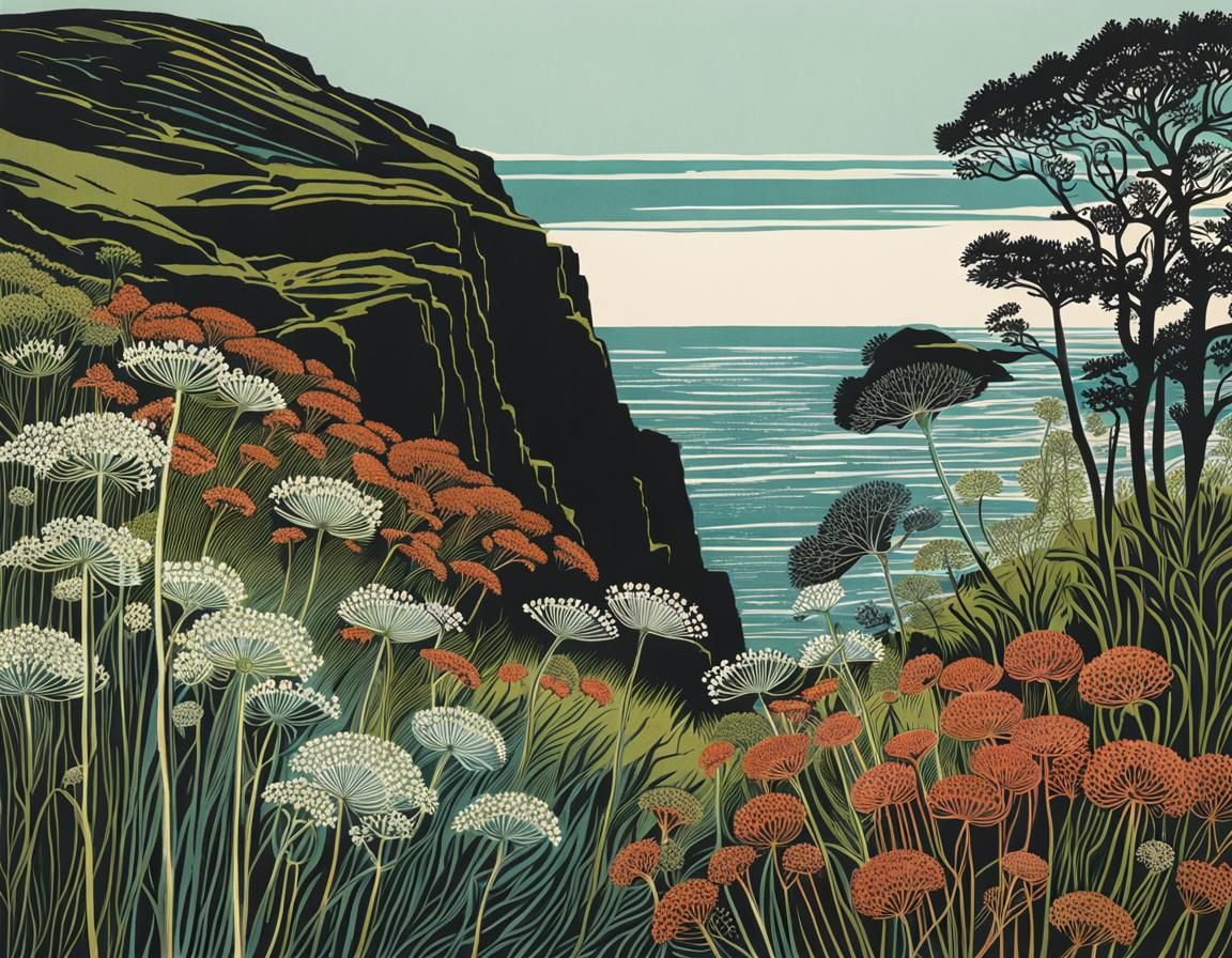Umbelliferous Plants on Cliff as Handcolored Linoprint