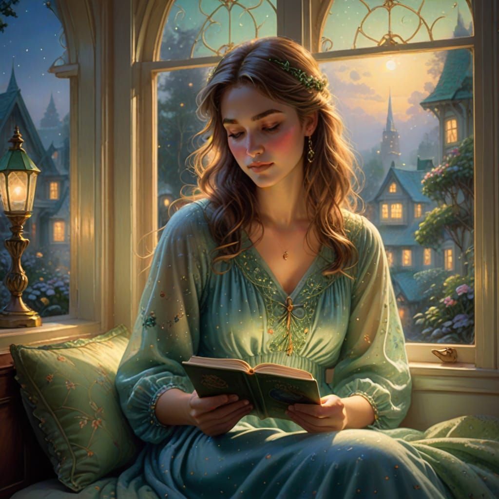 Ethereal Girl Reading in Window Seat, Fantasy Art