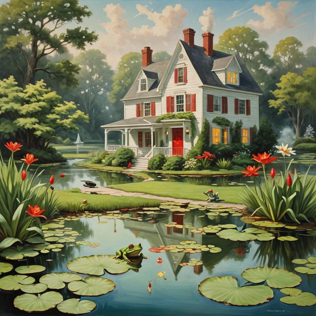 Charming Oil Painting: Frog on Lily Pad