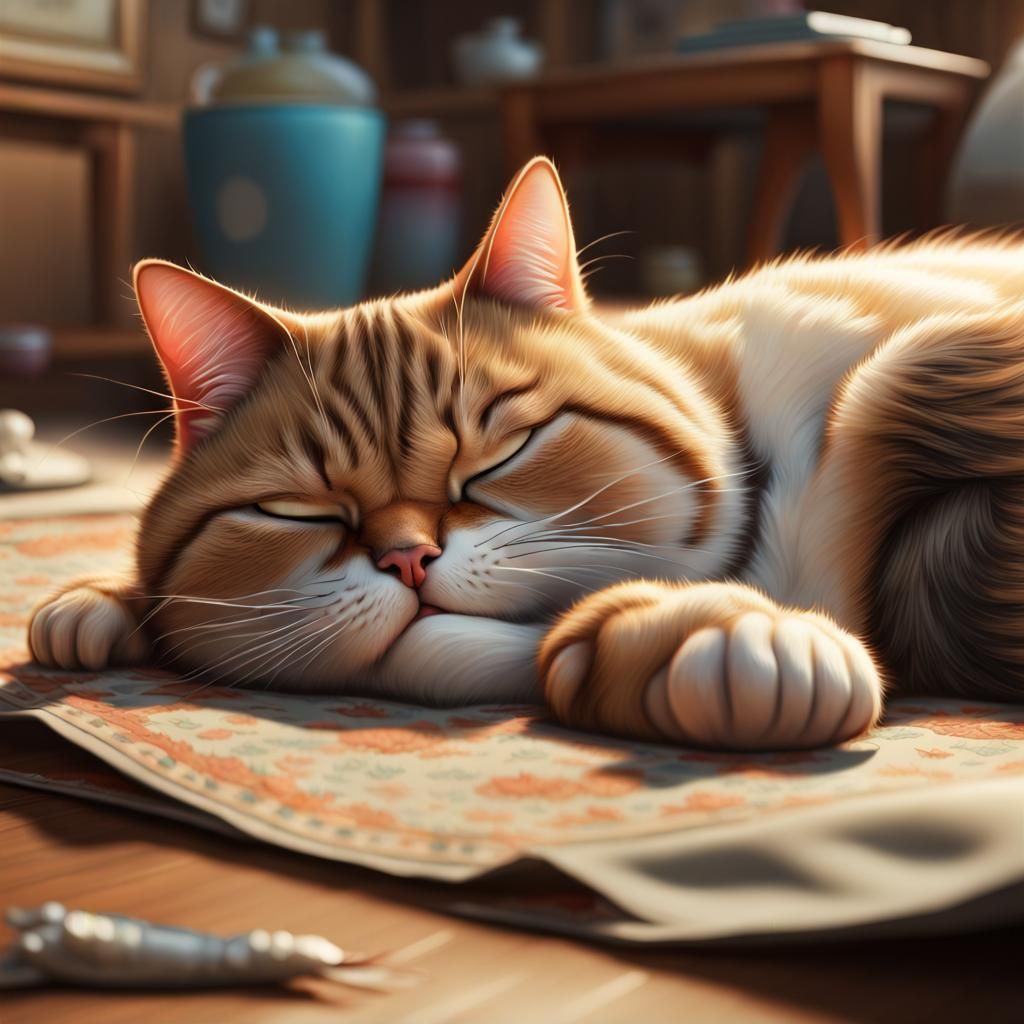 Overweight Cat Napping after Bird Feast