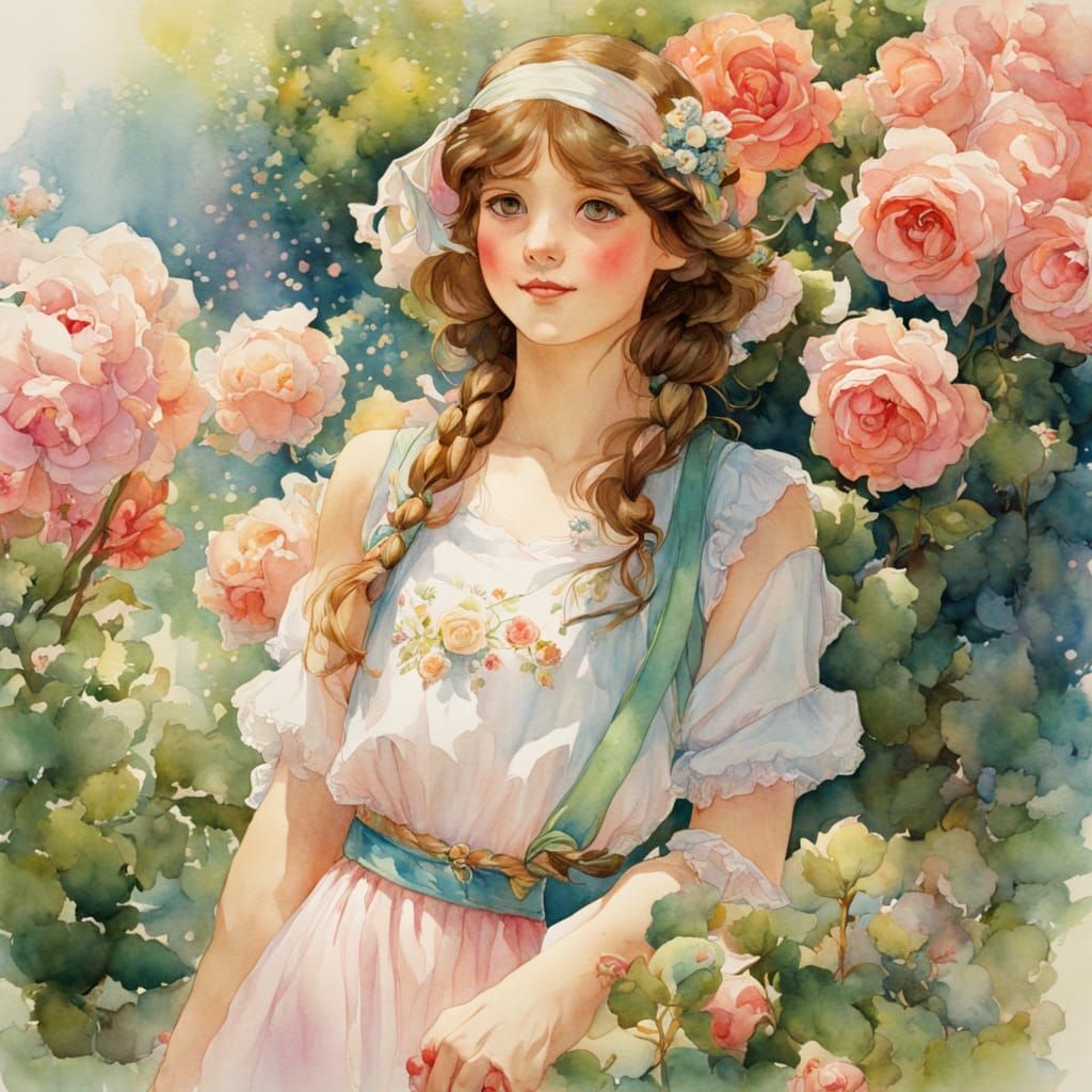 Cheerful Girl in Rose Garden, Watercolor Manga Style