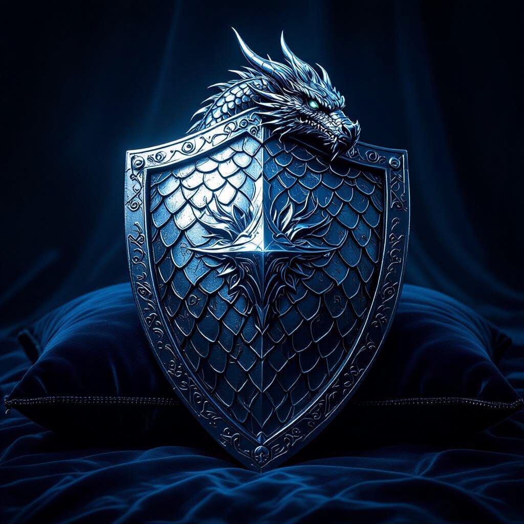 Silver Dragon Shield on Velvet Cushion