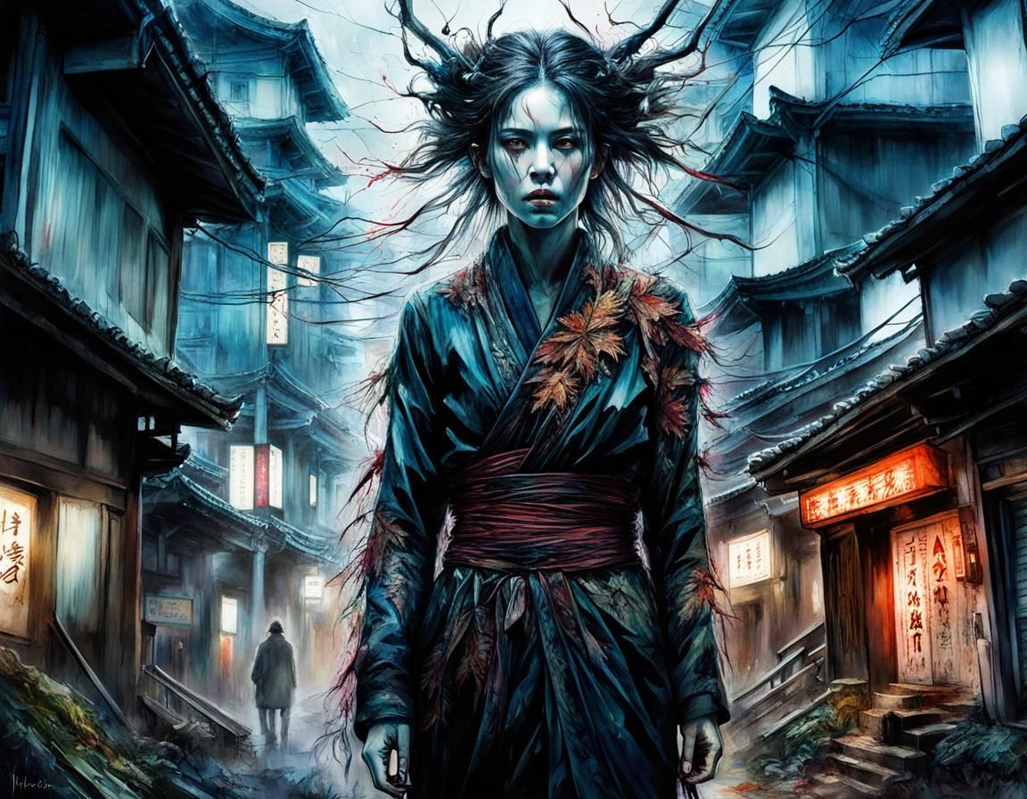 Macabre Body Horror Monster in Neo-Tokyo Watercolor