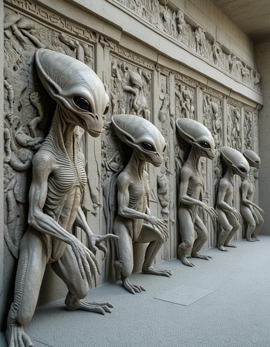 Monumental Concrete Wall Sculpted with Alien Species