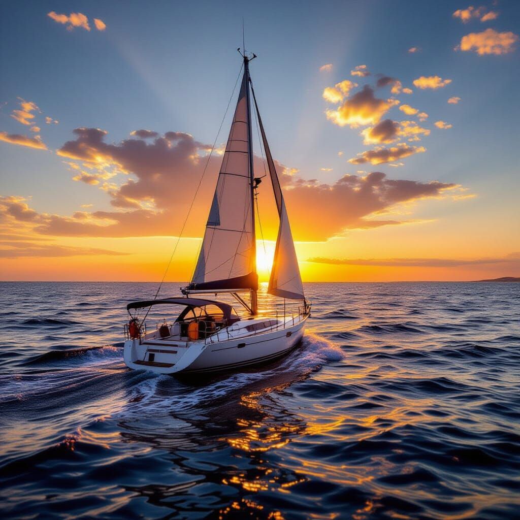 Yacht Sailing at Sunset with Bright Colors