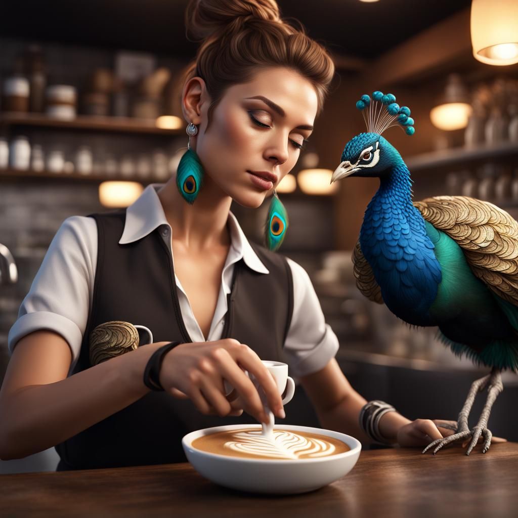Barista with Peacock Earring Making Latte Art