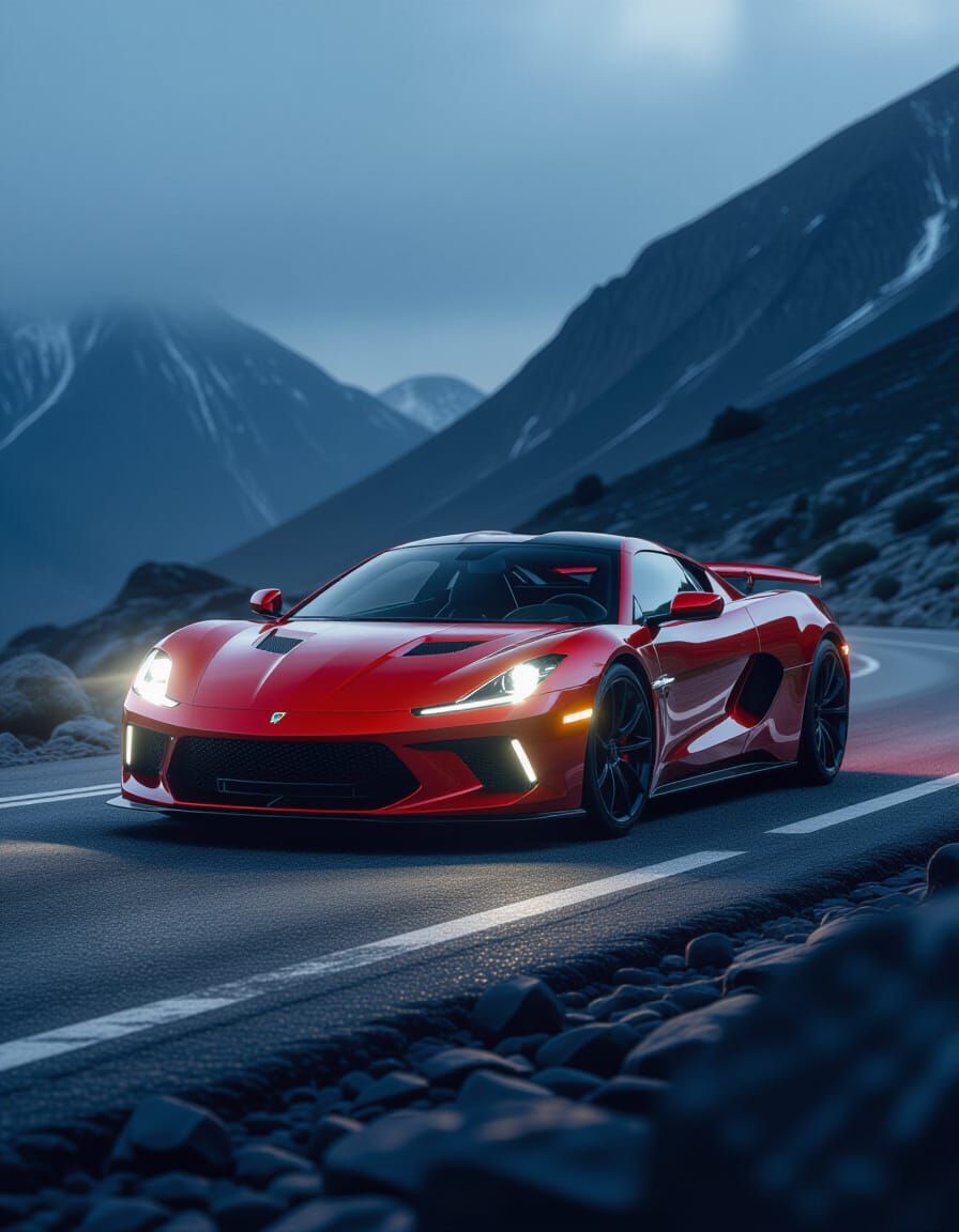 Modern Red Sports Car on Windswept Mountain Pass