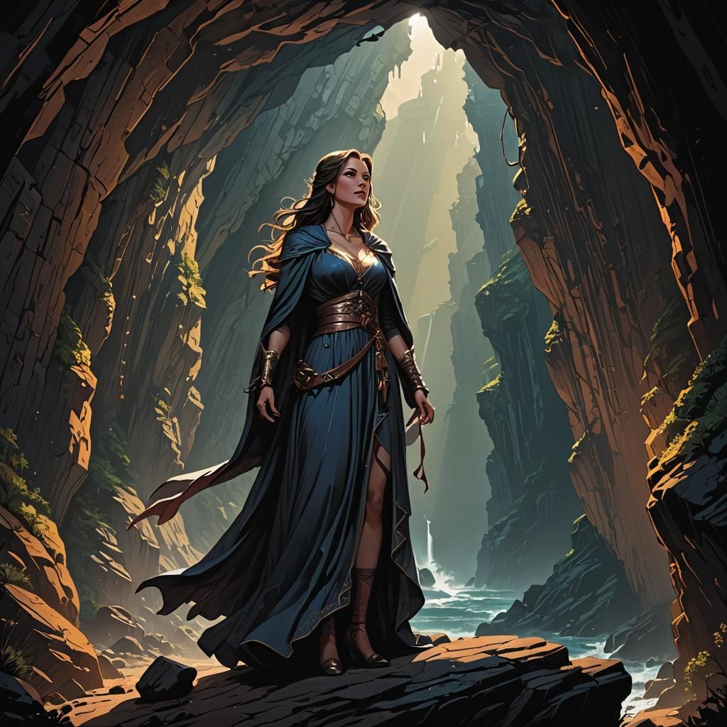 Wizard Contemplates Cliffside View in Graphic Style